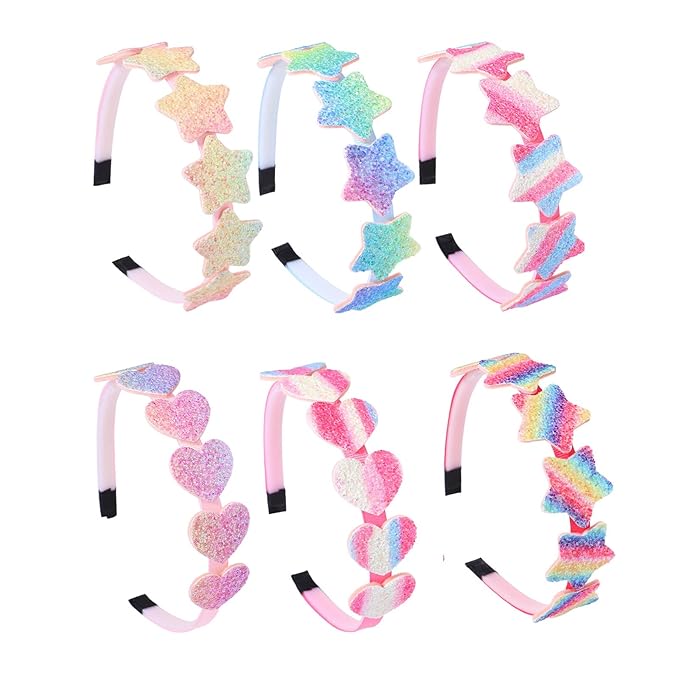 6 Pack Girls Headbands Glitter Kids Hair Accessories Bow/Heart/Star Shaped Sweet Hairband For Toddler/Girls/Teens