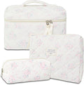 GISMTR 3Pcs Cotton Quilted Makeup Bag Large Travel Cosmetic Bag Coquette Makeup Pouch Cute Aesthetic Floral Toiletry Bag for Women Girls (flower-S)