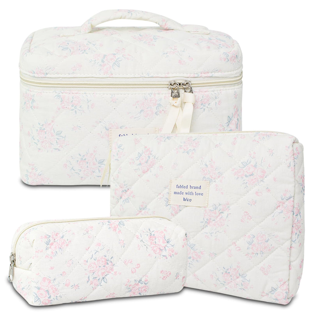 GISMTR 3Pcs Cotton Quilted Makeup Bag Large Travel Cosmetic Bag Coquette Makeup Pouch Cute Aesthetic Floral Toiletry Bag for Women Girls (flower-S)