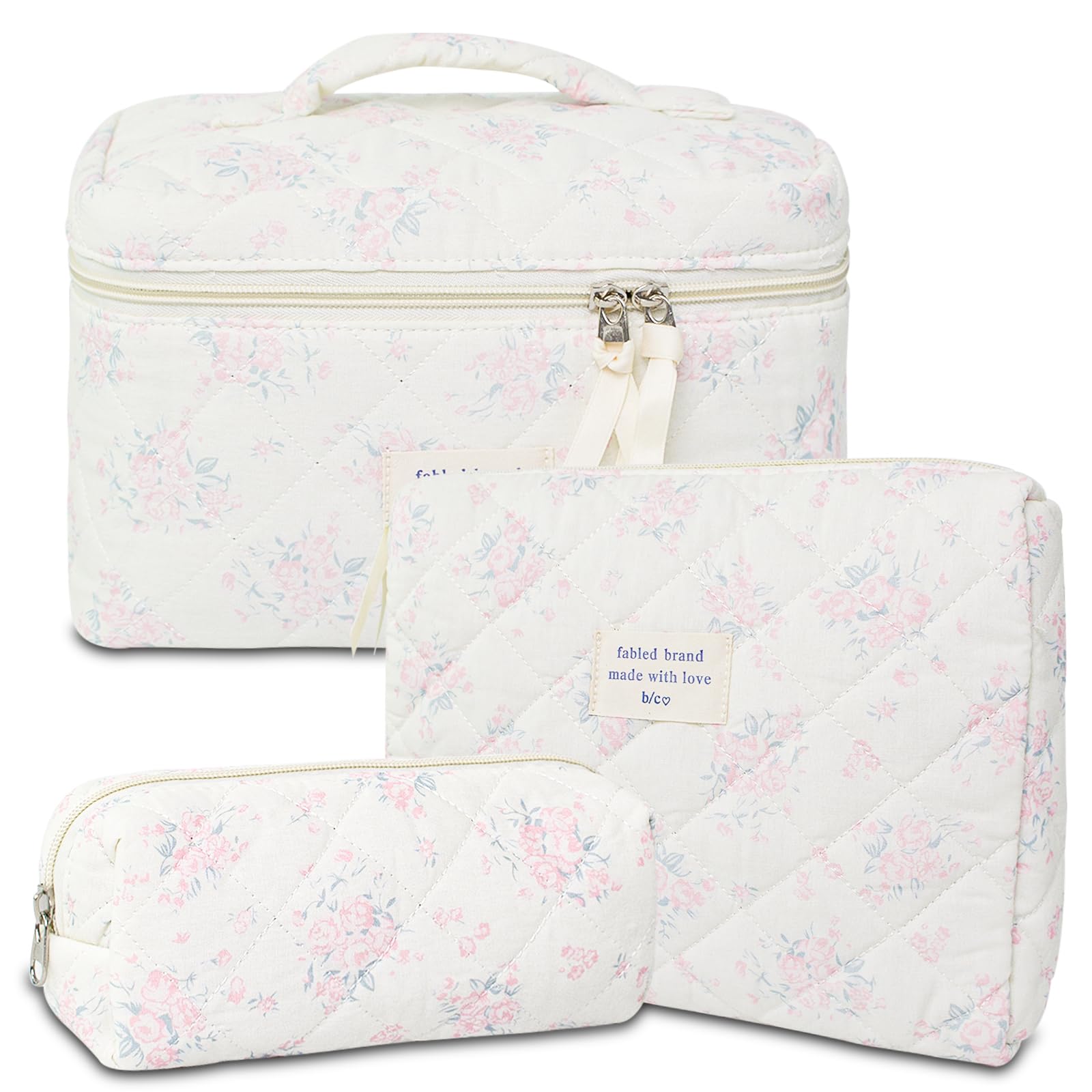 GISMTR 3Pcs Cotton Quilted Makeup Bag Large Travel Cosmetic Bag Coquette Makeup Pouch Cute Aesthetic Floral Toiletry Bag for Women Girls (flower-S)