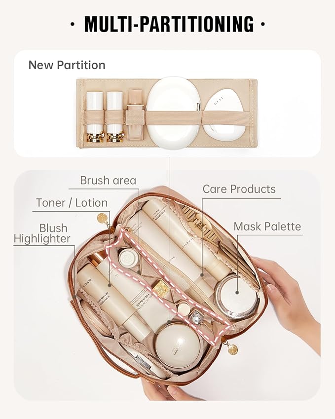 EACHY Travel Makeup Bag, Large Capacity Cosmetic Bags for Women, Waterproof Portable Open Flat Toiletry Bag Make up Bag with Divider and Handle, Gifts for Women (Brown, Large)