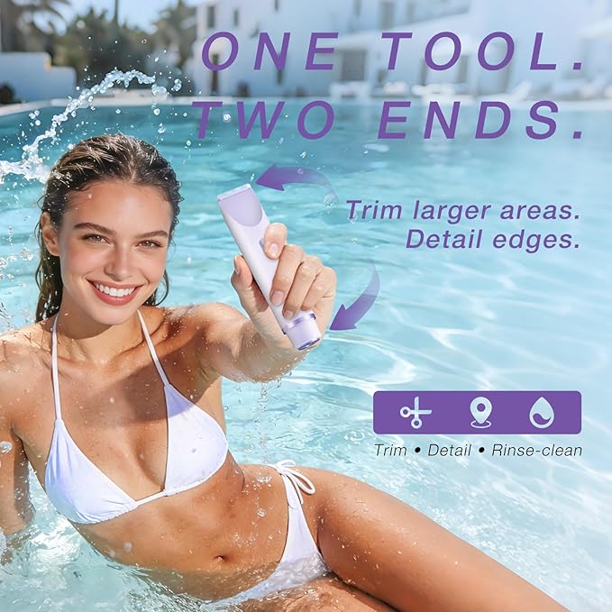 Bikini Trimmer for Women, Dual-Ended Electric Razor Personal Shaver for Bikini Line & Pubic Hair, Waterproof USB-C Rechargeable Body & Face Trimmer for Underarms & Legs (Lavender)
