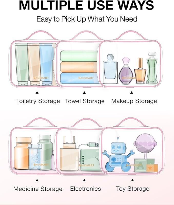 BAGSMART Clear Toiletry Bag with Handle 3-Pack TSA Approved, Pink