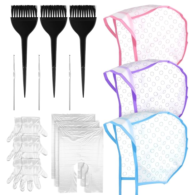3 Sets Highlight Cap Kit with 3 Pcs Hair Highlighting Caps, 3 Pcs Styling Tools, 3 Pcs Disposable Hair Dye Shawl, 3 Pairs Gloves, 3 Pcs Dye Brushes Highlight Hairs Coloring Kit for Salon Hairs
