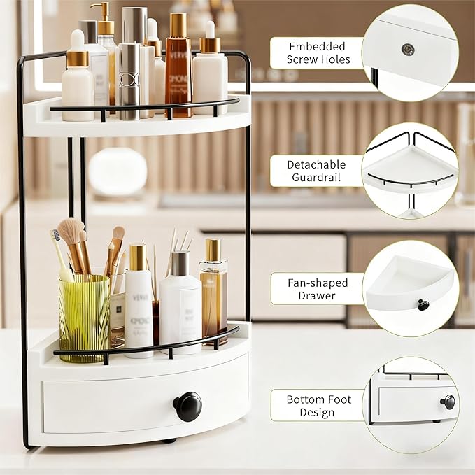 Aollewoiti 2-Tier Corner Bathroom Counter Organizer with Drawer, White