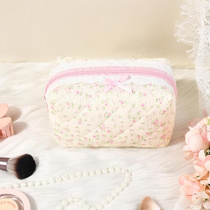 SOIDRAM Floral Makeup Bag Small Quilted Cosmetic Bag Cute Makeup Pouch Coquette Makeup Bag Aesthetic Travel toiletry bag Organizer Cotton Makeup Brushes Storage Bag for Women (Vintage Flora -S)