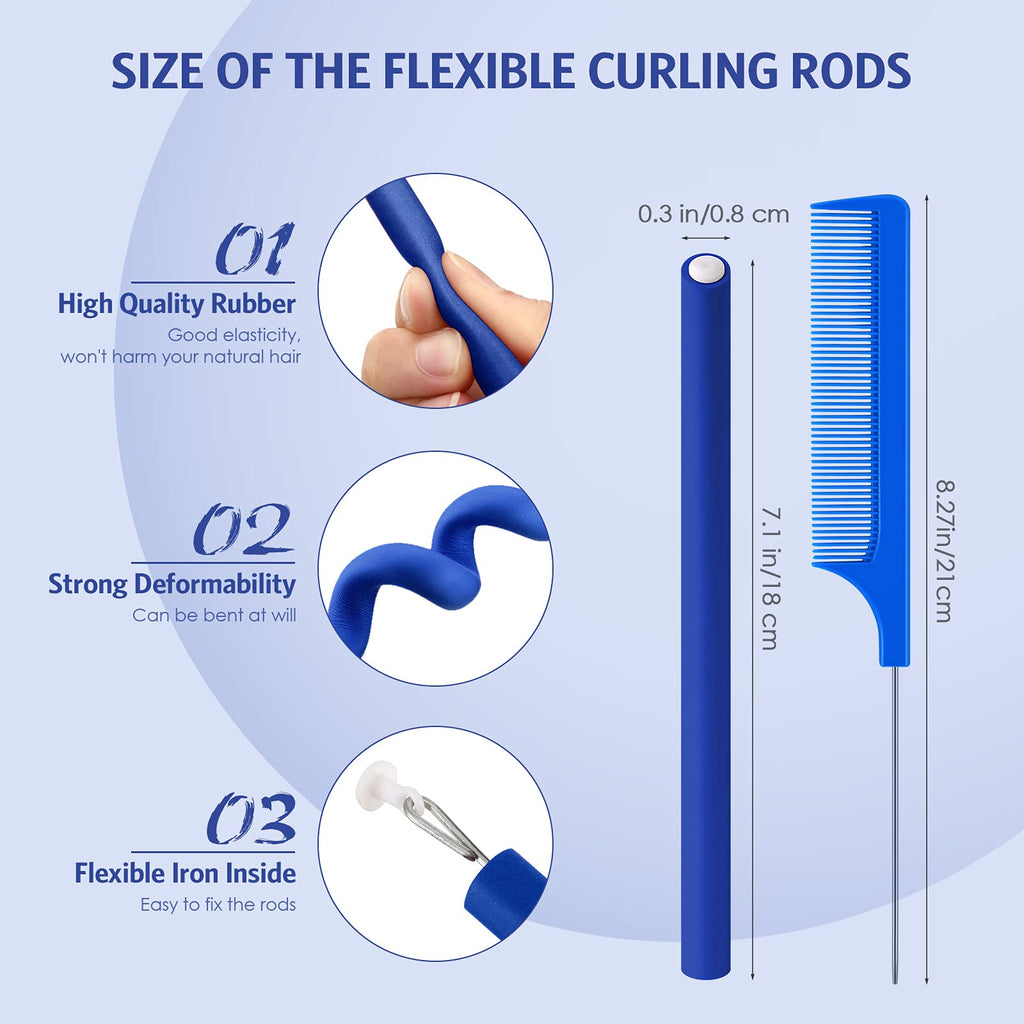 Syhood 30 Pcs 7'' Flexible Curling Rods Twist Foam Hair Rollers Soft Foam No Heat Hair Rods Rollers and 1 Steel Pintail Comb Rat Tail Comb for Women Long Short Hair(Navy Blue,7 x 0.3 Inch)