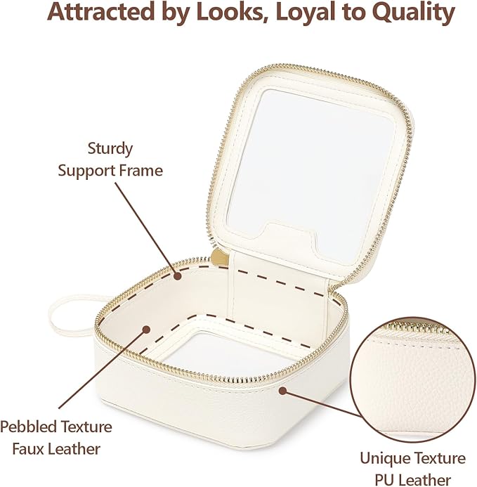 PACKISM Structured Clear Makeup Bag - Faux Leather Cosmetic Pouch with Reinforced Frame, Stand-Up Toiletry Organizer for Purse & Car Console, Mini White