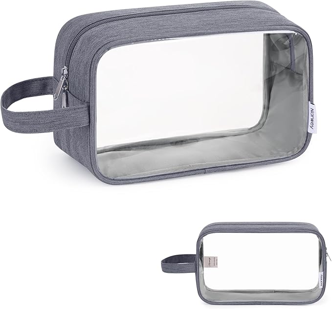 Narwey Clear Travel Toiletry Bags for Traveling Toiletries Men Women, Clear Makeup Bag Cosmetic Bag with Zipper, Make Up Pouch Organizer Bag with Handle, Skincare Beach Snack Medicine Bag, Grey