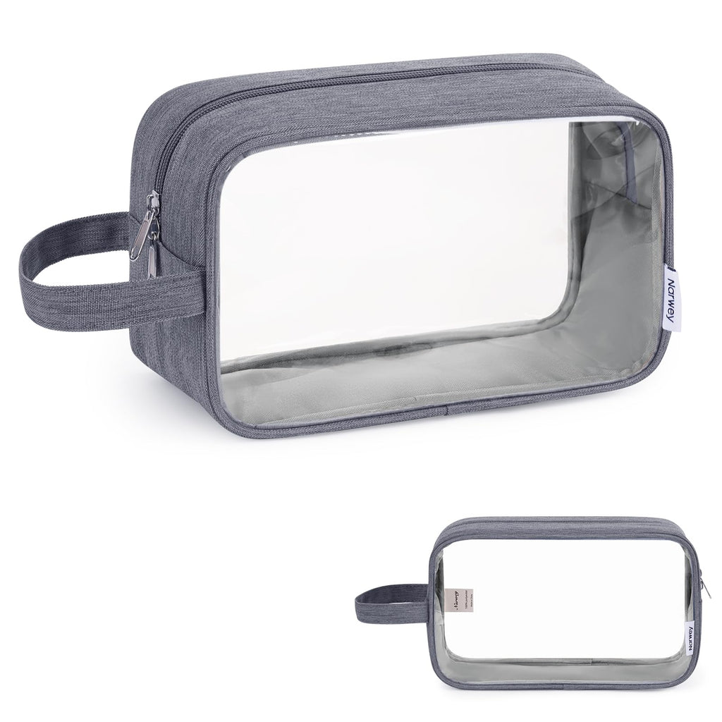 Narwey Clear Travel Toiletry Bags for Traveling Toiletries Men Women, Clear Makeup Bag Cosmetic Bag with Zipper, Make Up Pouch Organizer Bag with Handle, Skincare Beach Snack Medicine Bag, Grey