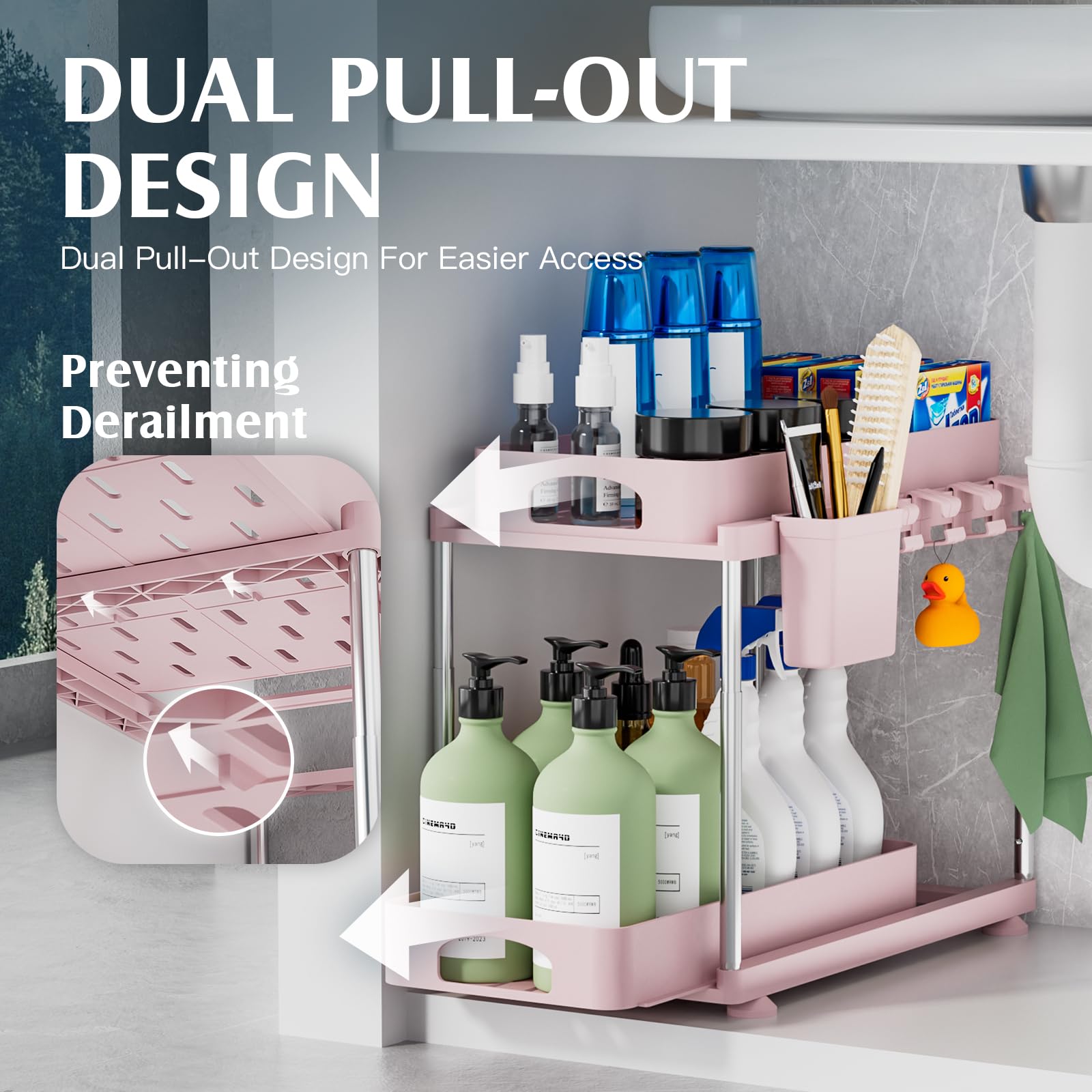 VERIFOST Under Sink Organizer, 2 Pack Kitchen and Bathroom Cabinet Organizer, 2 Tier Adjustable Height Storage, Pink