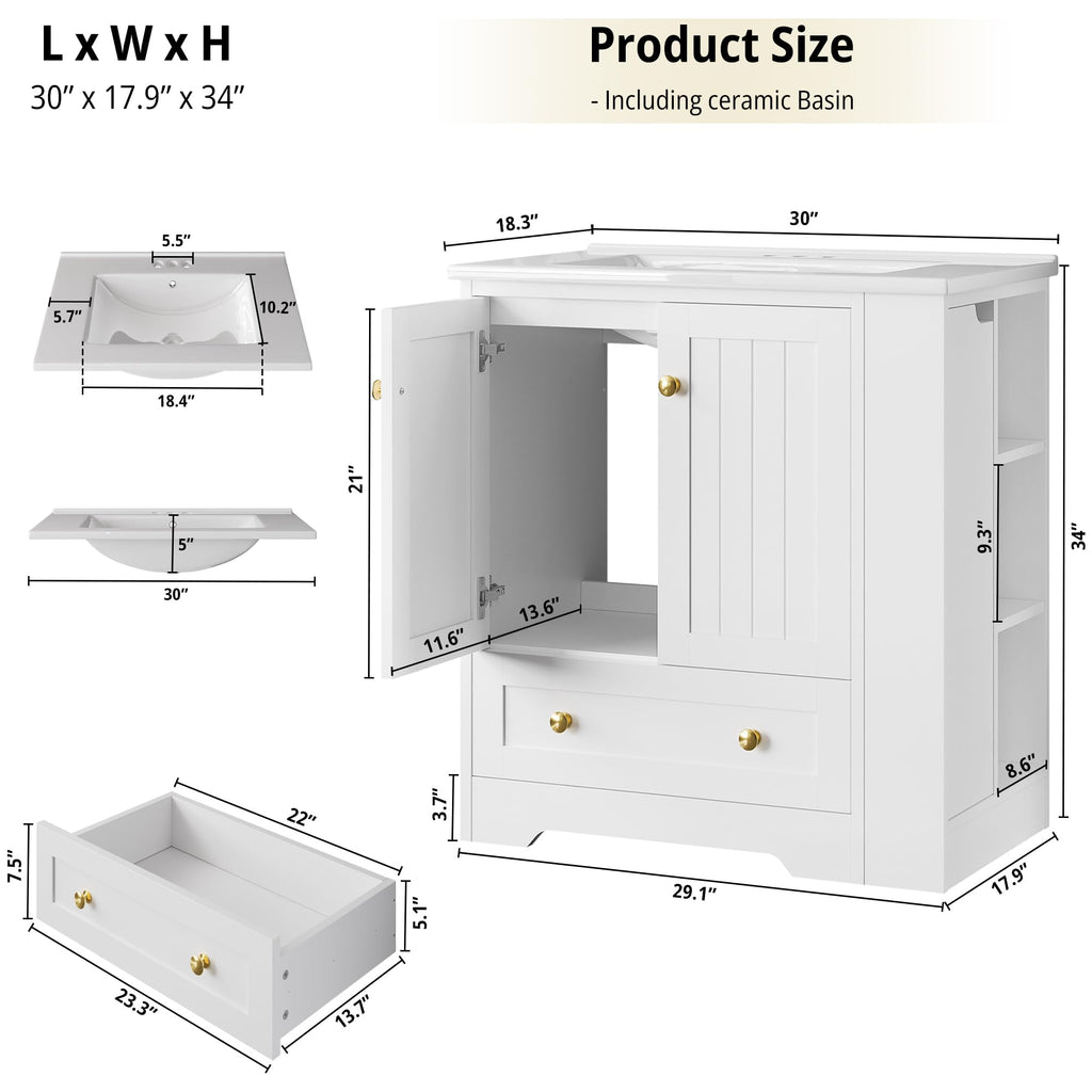 IRONCK Bathroom Vanity with Ceramic Sink, 30" Bathroom Cabinet, White