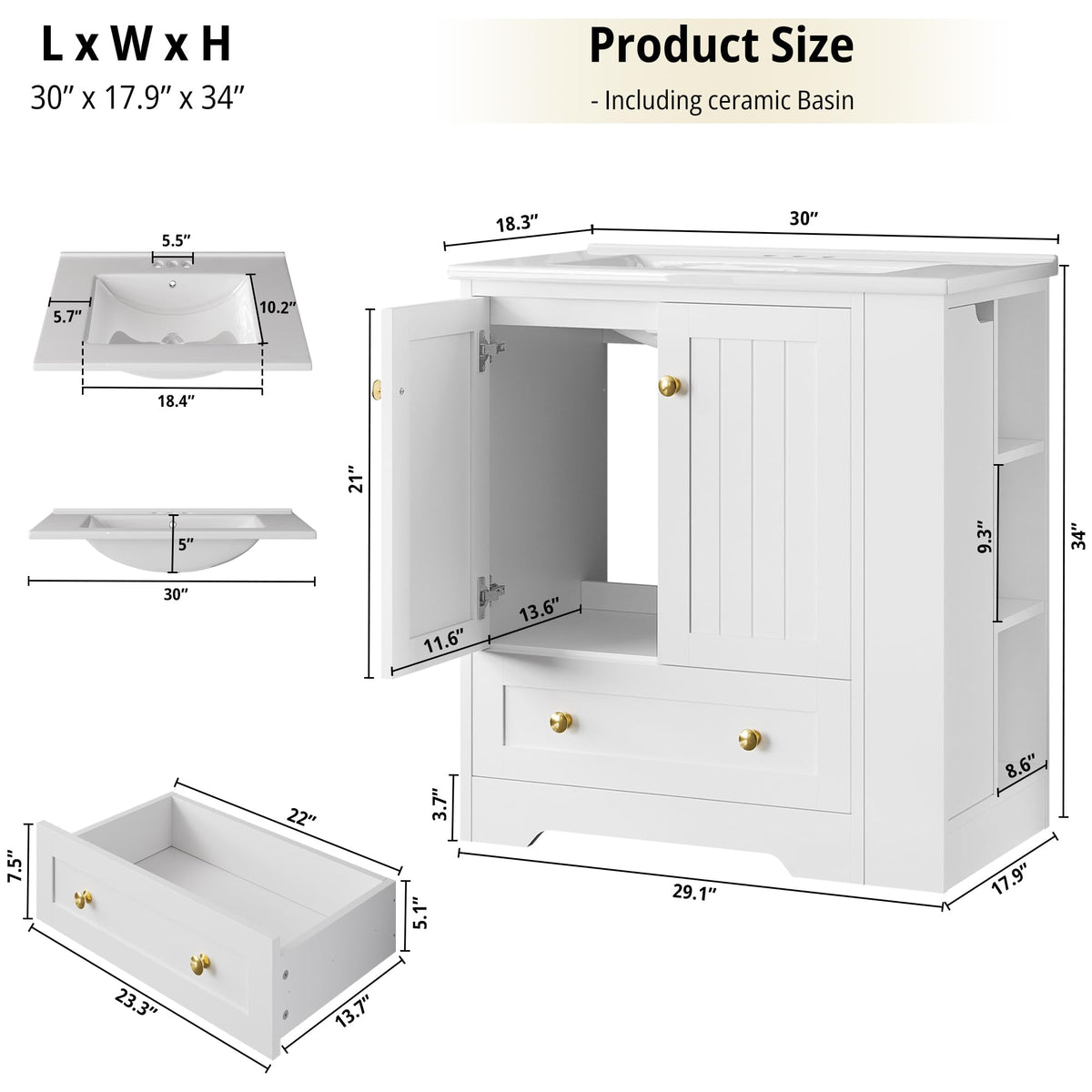 IRONCK Bathroom Vanity with Ceramic Sink, 30" Bathroom Cabinet, White