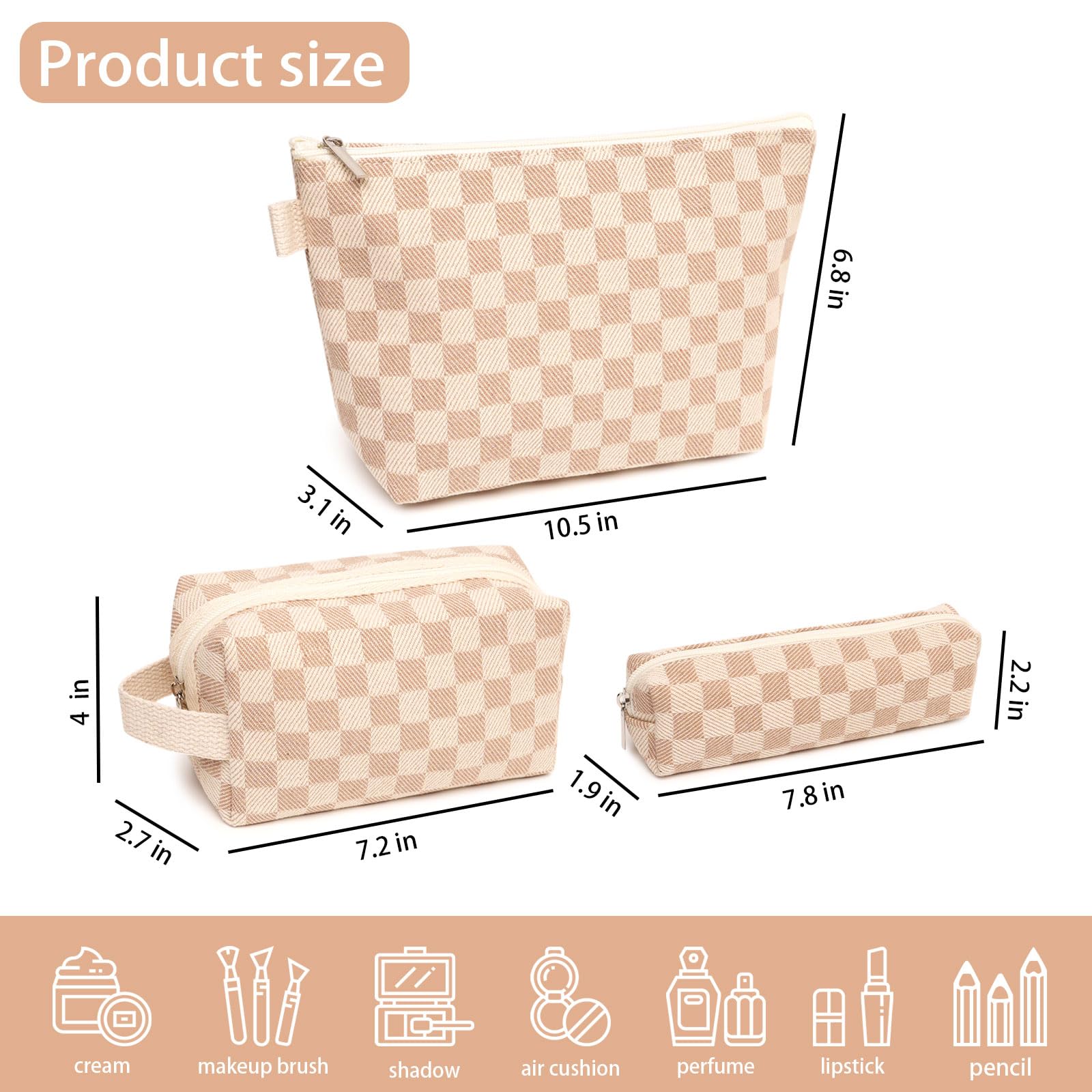 Beayuva 3 Pcs Canvas Makeup Bag Set Checkered Cosmetic Pouch for Women Travel Toiletry Bag Cute Makeup Organizer Purse Pouch Preppy Pencil Case with Zipper (Checkered Khaki)