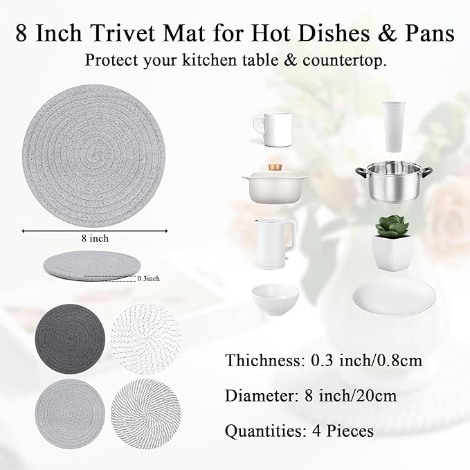 SHACOS 8 Inches Trivets for Hot Dishes, 4 Pieces Cotton Trivets Mats