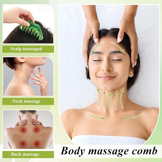 4 Pcs Jade Eye Mask and Hair Comb Set Green Jade Stone Eye Mask White Facial Cooling Set Resin Guasha Scalp Comb Facial Massage Tool for Relax Alleviate Puffiness Esthetician Supply (Fresh Color)