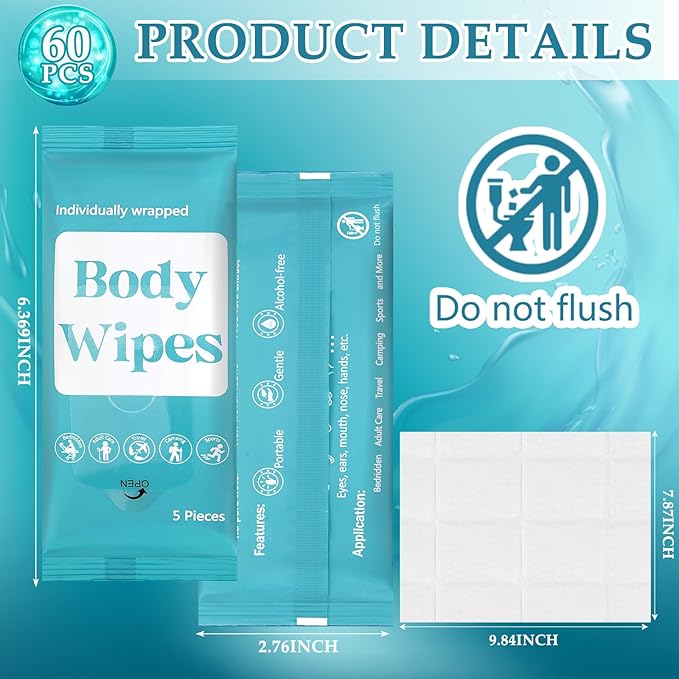Threlaco 300 Pcs 60 Pack Body Wipes for Adults Bathing No Rinse Individually Wrapped Shower Wipes Washcloth with Aloe Cleansing Body Wash Cloths Disposable Bulk Deodorant Homeless(Blue Background)