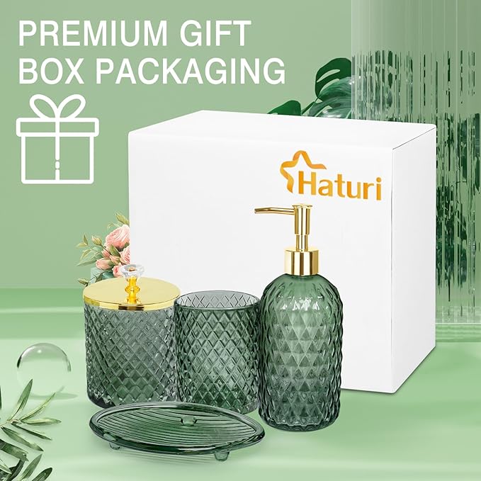 Haturi Bathroom Accessories Set, 4Pcs Sage Green Glass Bathroom Set Complete w/Bathroom Soap Dispenser Set, Toothbrush Holder, Qtip Holder, Soap Dish, Green Bathroom Decor, Gift for Home Apartment