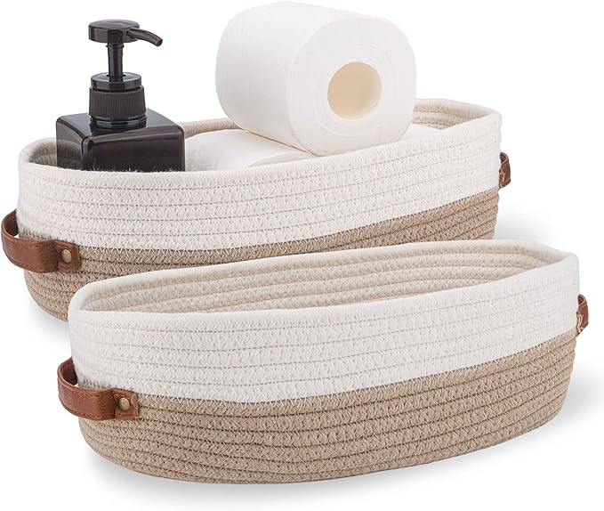 Oradrem 2 Pack Cotton Rope Bathroom Decor Basket,Toilet Paper Holder Basket,Farmhouse Home Decor Organizing Baskets 13"x5.9"x4" Brown Stitching White