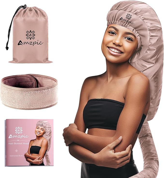 Bonnet Hair Dryer Attachment - Bonnet Hood Dryer with Headband That Reduces Heat Around Ears and Neck, Use for Hair Styling, Hair Drying, Curling and Deep Conditioning (Extended Version, Pink)
