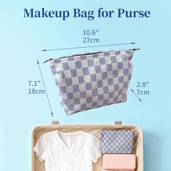 itgowisa Blue Checkered Makeup Bag, Travel Makeup Pouch for Women, Purse