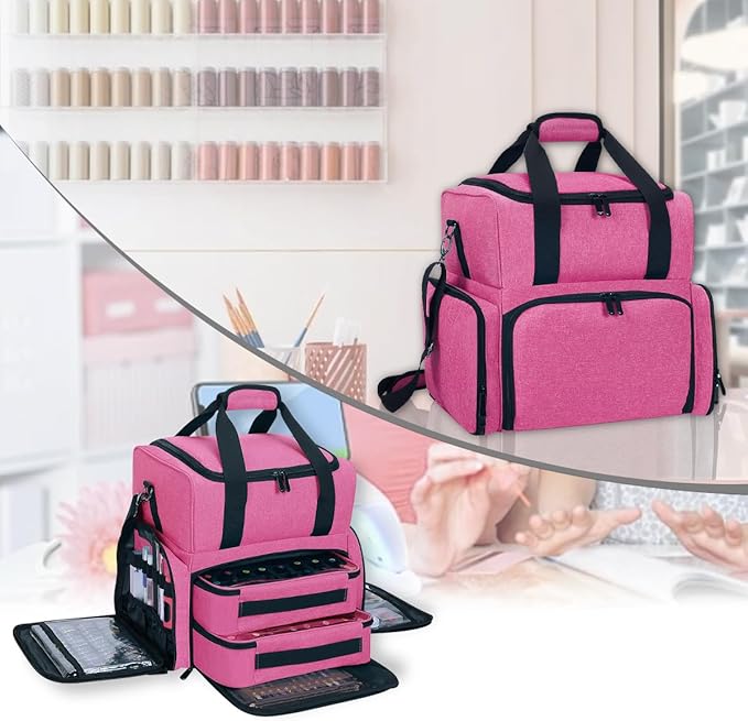 Nail Polish Organizer Case Holds 80 Bottles (15ml - 0.5 fl.oz) and a Nail Lamp,Nail Polish Case with 2 Removable Bags and Tools Storage Sections Rose Red
