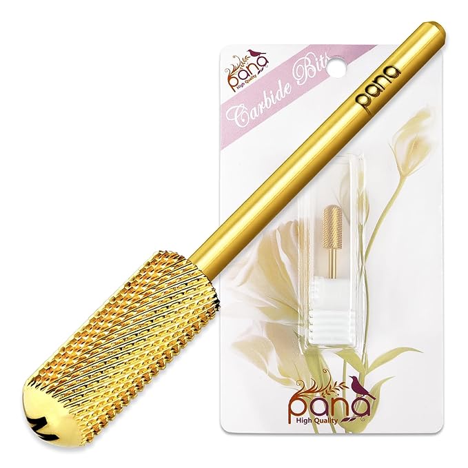 PANA 3/32" Shank Size Smooth Top Small Barrel Carbide - Nail Drill Bit for Dremel Machine Manicure Pedicure Nail Salon Tools Gel Polish & Acrylics Removal (Gold, Medium)