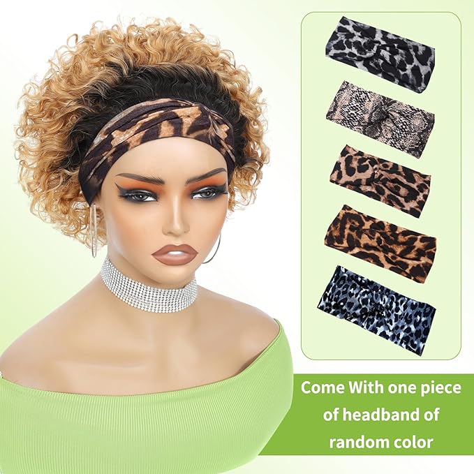 Headband Wig Human Hair Wigs for Black Women Blonde Ombre Pixie Cut Wig Human Hair Put on and Go Glueless Wig Curly Headband Wigs 150% Density Natural Black 8 Inch,T27