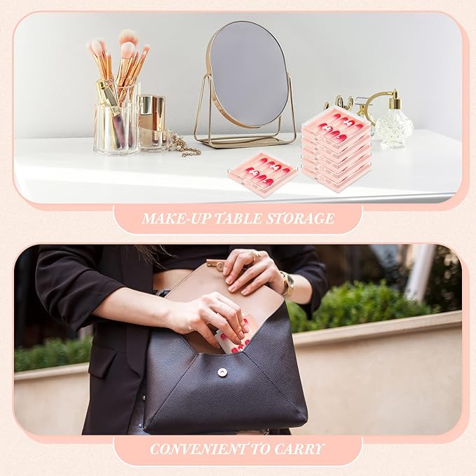 Landhoow 15 Pcs Press on Nail Storage Box with Adhesive Double Sided Tape Acrylic Artificial False Nail Packaging Display Case Organizer for Home Business Salon Supplies (Pink)