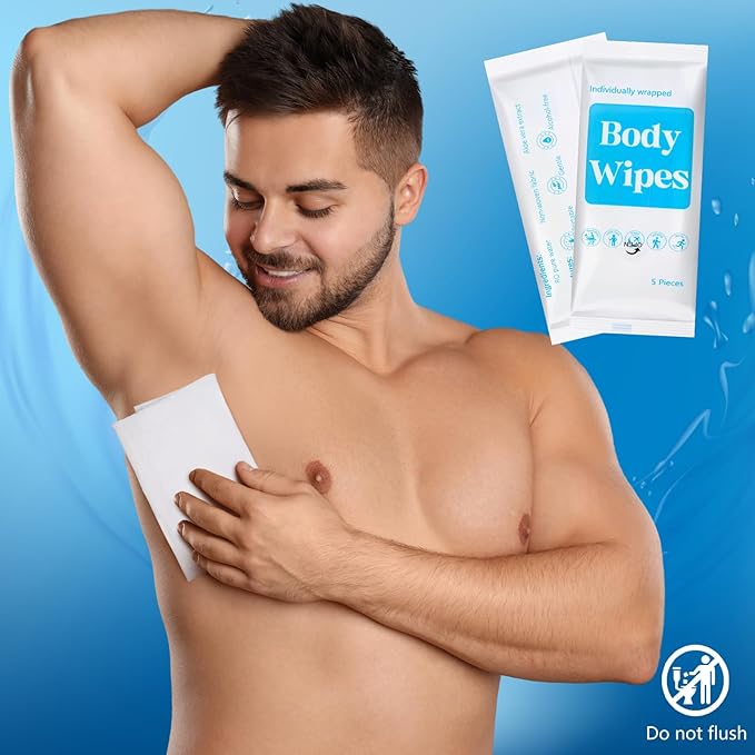 Threlaco 300 Pcs 60 Pack Body Wipes for Adults Bathing No Rinse Individually Wrapped Shower Wipes Washcloth with Aloe Cleansing Body Wash Cloths Disposable Bulk Deodorant Homeless(White Background)