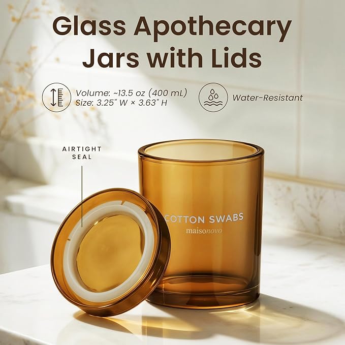 MaisoNovo Qtip Holder Bathroom Set – Airtight Glass Qtip Holder with Lid to Store Q Tips, Cotton Rounds, Cotton Balls, Floss Picks, Hair Ties with free labels pack - 2 Amber Jars with Glass Lids