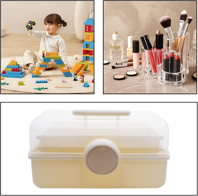 Craft Organizers and Storage,Plastic Box with 3-Tier Fold Tray and Handle,Portable Lockable Container for Arts, Crafts,Cosmetic, Sewing, Toy, Washi Tape(Cream Color)