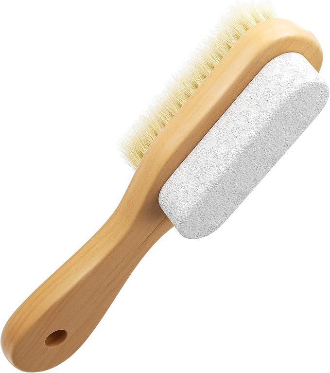 Natural Soft Bristle Foot Brush and Pumice Stone Combo with Wooden Handle, Exfoliator Pedicures Calluses Dead Dry Skin Remover Scrubber Scrub Brush for Shower Massage SPA Sauna