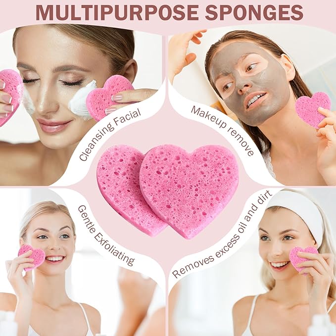 Dandat 300 Count Compressed Facial Sponges Heart Shape Face Sponges for Cleansing Natural Facial Exfoliating Pads for Estheticians(Pink)