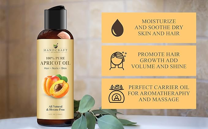 Handcraft Blends Apricot Kernel Oil - Cold-Pressed 4 Fl Oz - 100% Pure and Natural - Premium Grade Carrier Oil for Skin and Hair - Hair and Body - Massage - Hexane-Free
