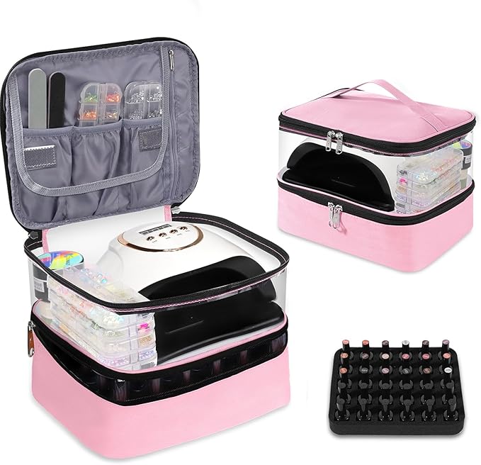 Clear Nail Polish Organizer Double layer Nail Polish Holds 30 Bottles and Nail Lamp, Nail Dryer Case Storage Supplies with Adjustable Dividers, Portable Nail Carrying Bag for Nail Tech (Pink)