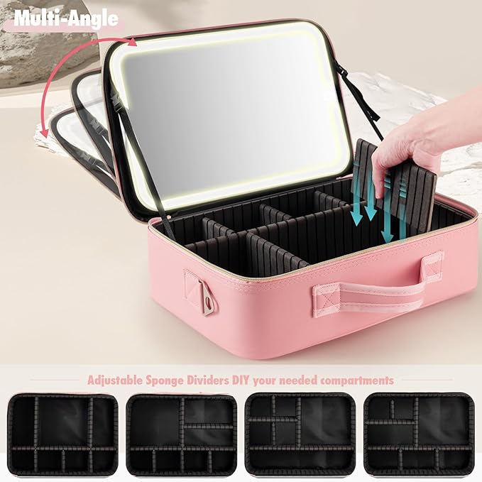 15''X11'' Large Makeup Bag with Removable Lighted Mirror, PU Leather