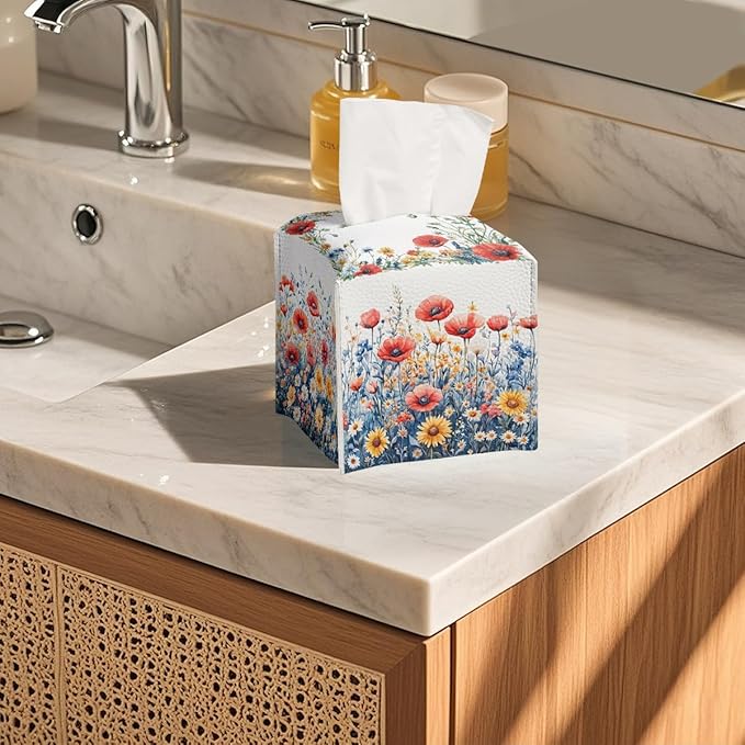 Flower Tissue Box Cover Red Poppy Daisy Wild Garden Watercolor Leather Tissue Box Holder Square Facial Paper Organizer Dispenser for Bathroom Kitchen Bedroom Vanity Countertop Night Stands