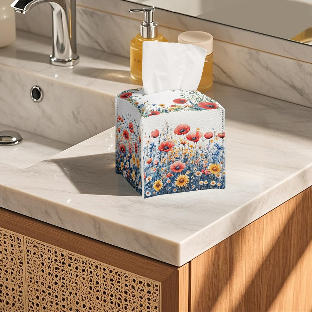 Flower Tissue Box Cover Red Poppy Daisy Wild Garden Watercolor Leather Tissue Box Holder Square Facial Paper Organizer Dispenser for Bathroom Kitchen Bedroom Vanity Countertop Night Stands