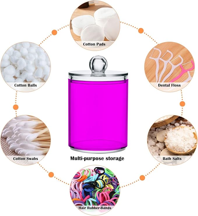 Magenta Purple Qtip Holder Organizer Dispenser Cotton Swabs Cans Plastic Jars with Lid Set 2 Pack Bathroom Storage Canister for Cotton Ball Floss Cotton Pads