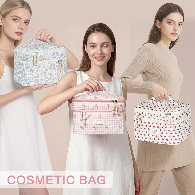 Gosect Makeup Bag, Portable Travel Make up Bag, Large Capacity Quilted Cosmetic Organizer Bag, Cute Floral Toiletry Bag for Women Girls (Pink Bow)