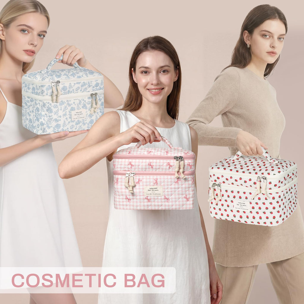 Gosect Makeup Bag, Portable Travel Make up Bag, Large Capacity Quilted Cosmetic Organizer Bag, Cute Floral Toiletry Bag for Women Girls (Pink Bow)