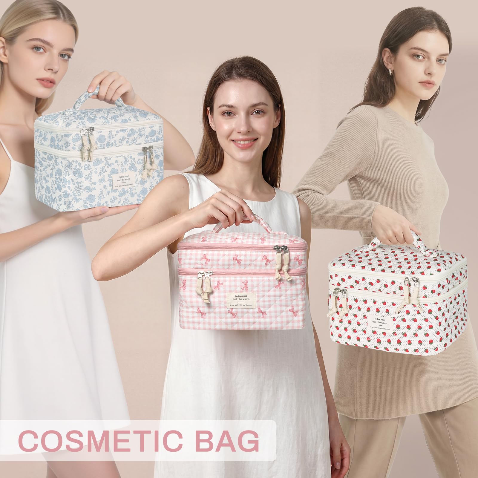 Gosect Makeup Bag, Portable Travel Make up Bag, Large Capacity Quilted Cosmetic Organizer Bag, Cute Floral Toiletry Bag for Women Girls (Pink Bow)