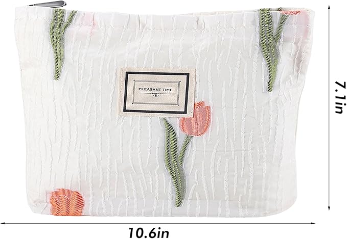 URSKYTOUS Tulip Makeup Bag Travel Cute Floral Cosmetic Bags for Women Large Embroidery Makeup Pouch Zipper Cosmetic Pouch for Purse Aesthetic Make up Organizer Bag Portable Toiletry Bag
