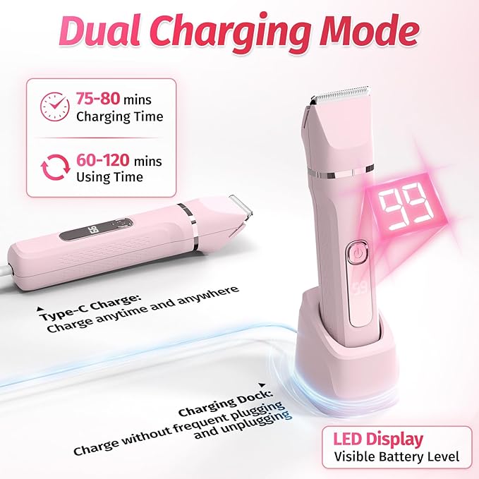 Bikini Trimmer for Women,5-in-1 Electric Razors for Women,Electric Shaver for Women's,IPX7 Waterproof Trimmer for Men Legs,with 5 Replaceable Blade Heads,USB Recharge Dock（Pink）