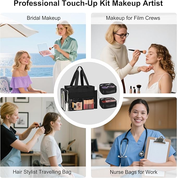 TANTO Travel Makeup Bag, Professional Makeup Artist Bag Tote Bags with 2*bag Extra Large Hair Stylist Travelling Duffle Bag Cosmetic Organizer with Dividers, Gifts for Makeup Beauty Lover (Black