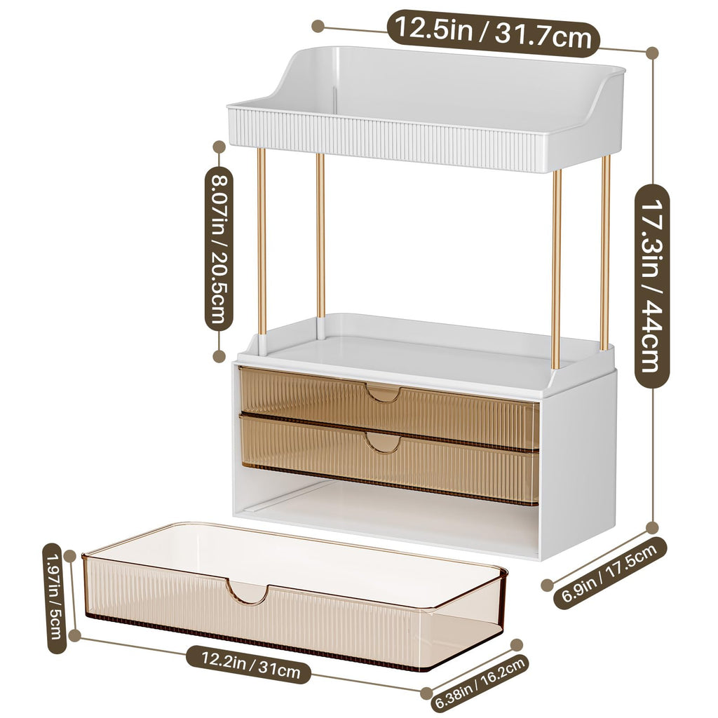 caktraie Bathroom Organizers and Storage - 3 Drawers 2 Tier Makeup Organizer, Cosmetic Storage Drawer for Dresser Countertop and Bathroom Vanity for Large Skincare, Perfume, Amber