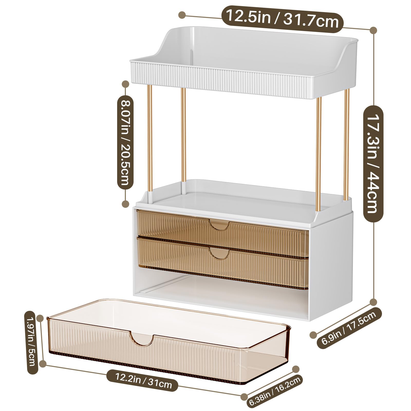 caktraie Bathroom Organizers and Storage - 3 Drawers 2 Tier Makeup Organizer, Cosmetic Storage Drawer for Dresser Countertop and Bathroom Vanity for Large Skincare, Perfume, Amber