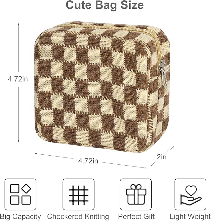 CekPo Sanitary Napkin Storage Bag, Menstrual Pad Zipper Bag Checkered Portable Period Bag Panty Liners, Tampon Storage Pouch for Women Ladies Daily Use Storage Purse Travel