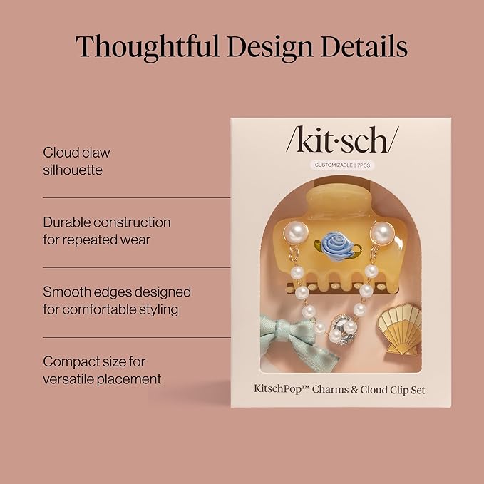 KitschPop ™ Hair Clips For Women with Charm Sets -Customizable Cloud Claw Clip With Interchangeable Collectible Cute Charms - Coastal Cottage - Butter Yellow, 7pcs Set